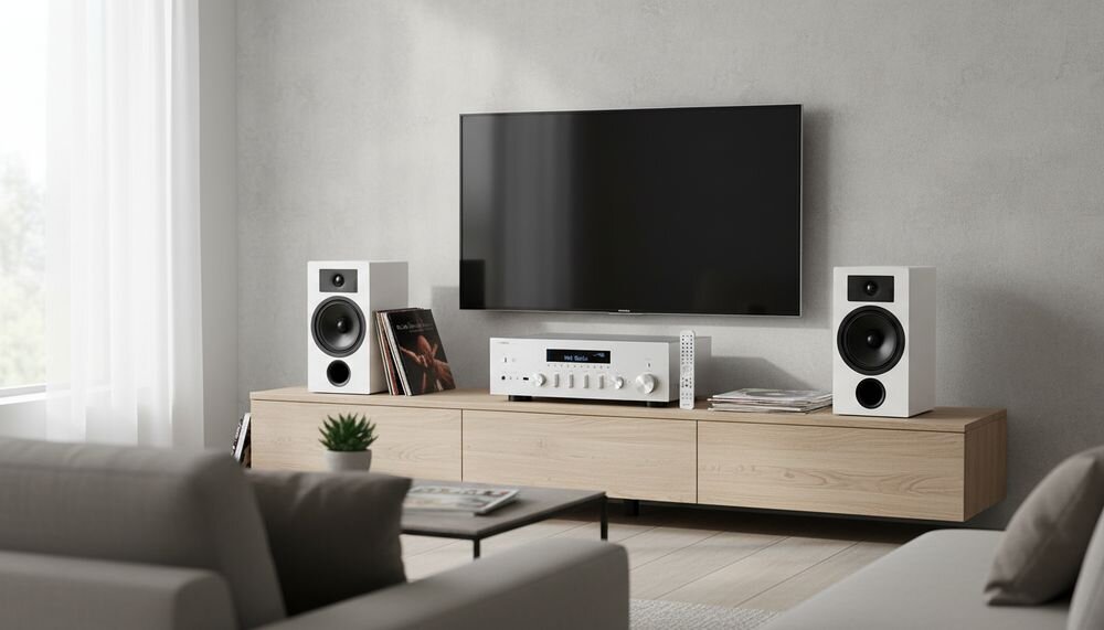 Zestaw stereo YAMAHA MusicCast R-N600A + INDIANA Line Tesi 3, Pure Direct, technologia ToP-ART i obsługa DSD, zestaw w pomieszczeniu