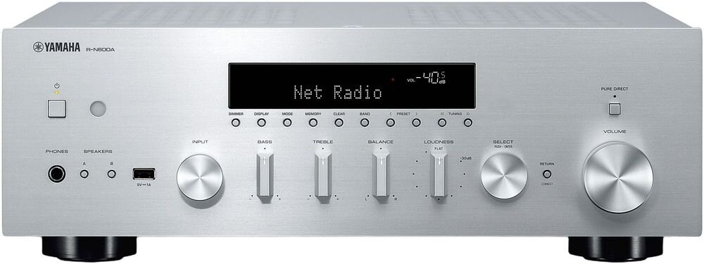 Zestaw stereo YAMAHA MusicCast R-N600A + INDIANA Line Tesi 3, moc muzyczna 350 W, moc dynamiczna 105–175 W, impedancja 2–8 Ω, amplituner od frontu na białym tle