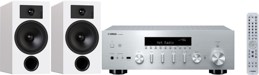 Zestaw stereo YAMAHA MusicCast R-N600A + INDIANA Line Tesi 3, Ethernet LAN, Wi-Fi i system Multiroom, zestaw od frontu na białym tle