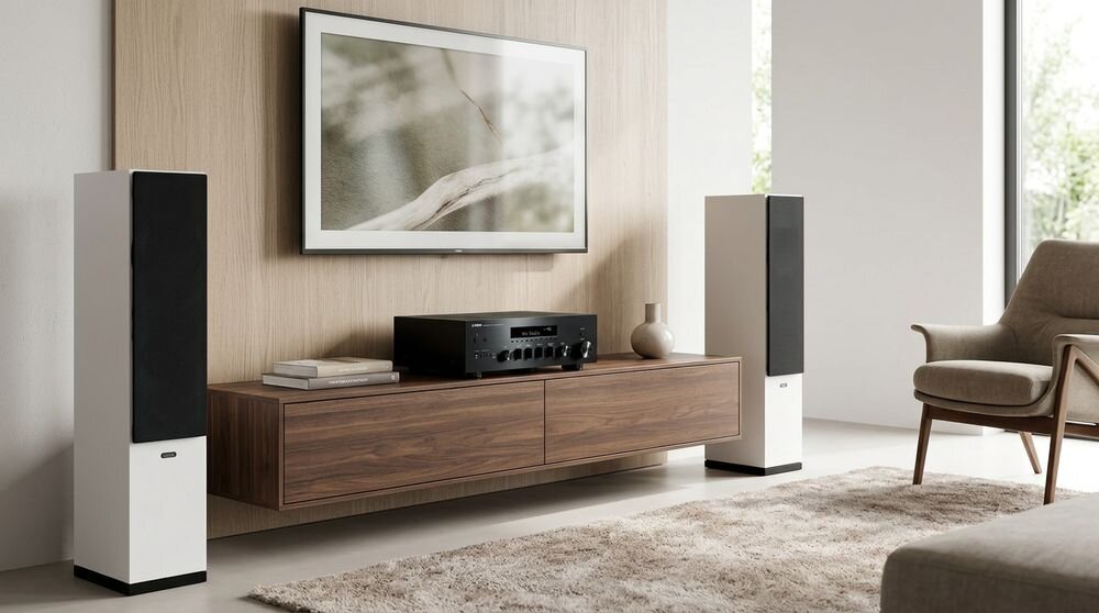 Zestaw stereo YAMAHA MusicCast R-N600A + INDIANA Line Tesi 5, amplituner stereo i kolumny podłogowe, zestaw w pomieszczeniu
