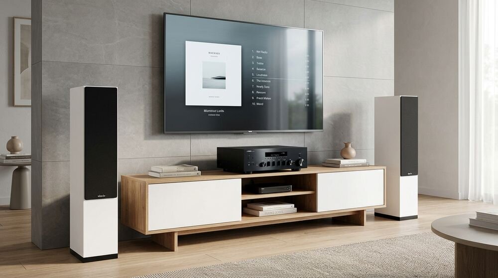 Zestaw stereo YAMAHA MusicCast R-N600A + INDIANA Line Tesi 5, amplituner 2.1 kanału, moc RMS 350 W, impedancja 2–8 Ω, zestaw w pomieszczeniu