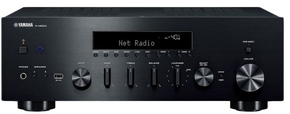 Zestaw stereo YAMAHA MusicCast R-N600A + INDIANA Line Tesi 5, moc muzyczna 350 W, moc dynamiczna 105–175 W, impedancja 2–8 Ω, amplituner od frontu na białym tle