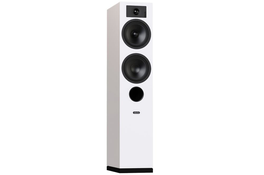 Zestaw stereo YAMAHA MusicCast R-N600A + INDIANA Line Tesi 5, kolumny podłogowe Bass-reflex, pasmo 38 Hz–22 kHz, wymiary 900 x 180 x 300 mm, kolumna od skosu na białym tle