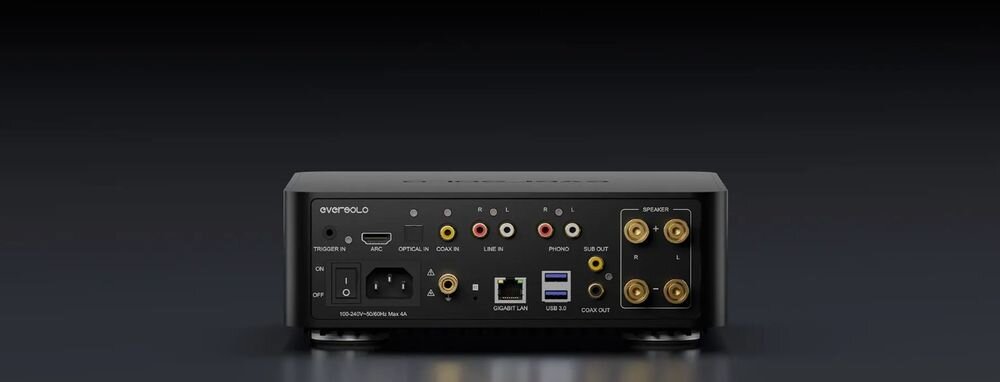 EVERSOLO Play PHONO USB subwoofer wyjście przedwzmacniacza złącza audio HiFi wejścia cyfrowe, urządzenie od tyłu stojące na ciemnym podłożu