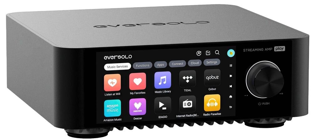 EVERSOLO Play korekcja akustyki mikrofon pomiarowy DSP HiFi tuning pomieszczenia audio, urządzenie po skosie na białym tle