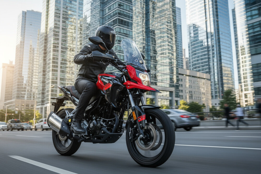 Motocykl TORQ Zetra ADV 125 MC125-5 124.4cm3 11l Czarno-czerwony motocyklista w czarnym kombinezonie i kasku jadący motocyklem po szerokiej ulicy w centrum miasta w tle wieżowce ze szkła dzienne światło dynamiczny ruch uliczny wygoda środek transportu mobilność