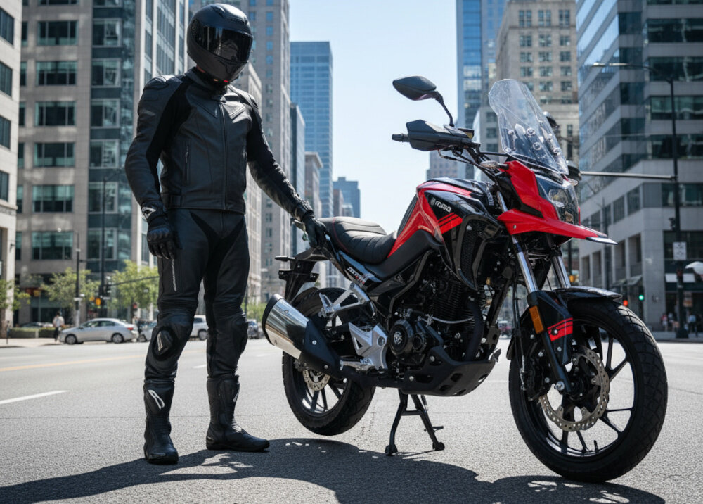 Motocykl TORQ Zetra ADV 125 MC125-5 124.4cm3 11l Czarno-czerwony motocykl na skrzyżowaniu w centrum miasta obok stoi motocyklista w kasku ruch uliczny w tle długość 2020 mm szerokość 770 mm wysokość 1098 mm wygodna pozycja podczas jazdy łatwe manewrowanie niska masa własna przemyślany rozstaw osi kategoria prawa jazdy A1 lub B