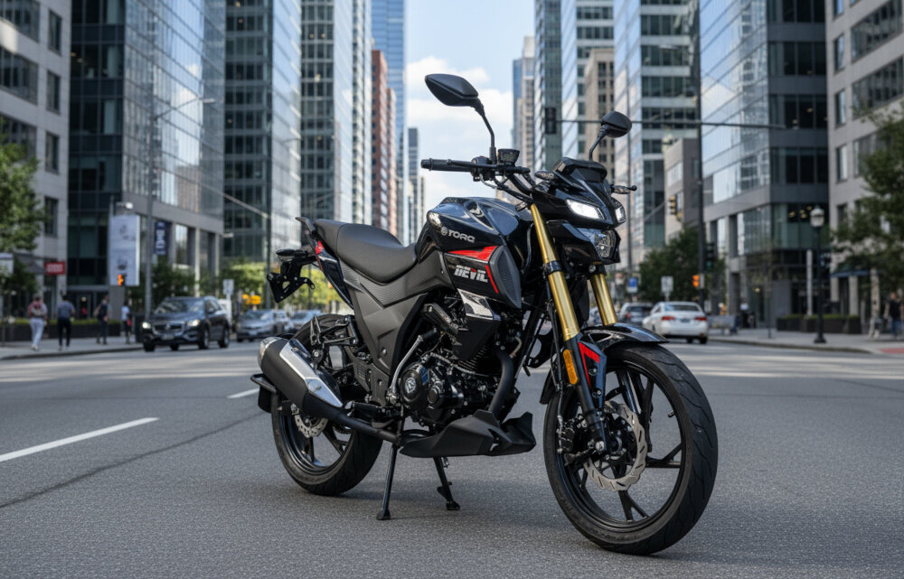 Motocykl TORQ Devil NS 125 MC125-5 124.4cm3 14l Czarny motocykl na środku miejskiej ulicy w dzień otoczony szklanymi wieżowcami ujęcie z prawej strony wygoda środek transportu mobilność