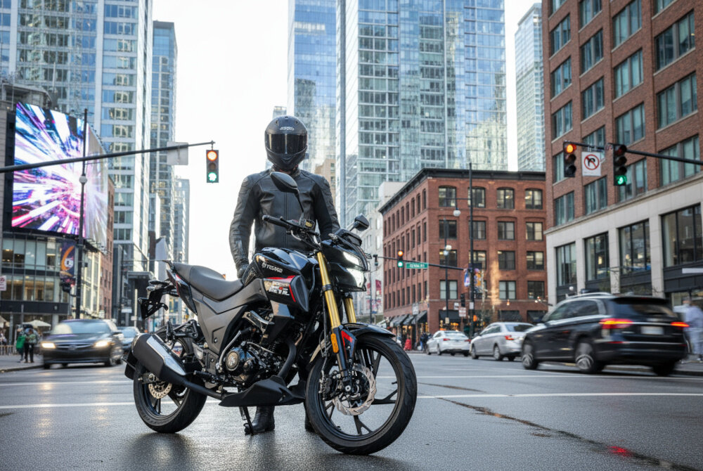 Motocykl TORQ Devil NS 125 MC125-5 124.4cm3 14l Czarny motocykl na skrzyżowaniu w centrum miasta obok stoi motocyklista w kasku ruch uliczny w tle długość 2020 mm szerokość 770 mm wysokość 1098 mm wygodna pozycja podczas jazdy łatwe manewrowanie niska masa własna przemyślany rozstaw osi kategoria prawa jazdy A lub B