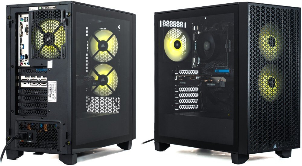 Komputer OPTIMUS E-Sport GA520T-CR9 Dwa ujęcia czarnej obudowy komputerowej na białym tle pokazujące tył z portami i wentylatorem oraz przód z siatką mesh i dwoma żółtymi wentylatorami, procesor, rdzenie, taktowanie, płyta główna