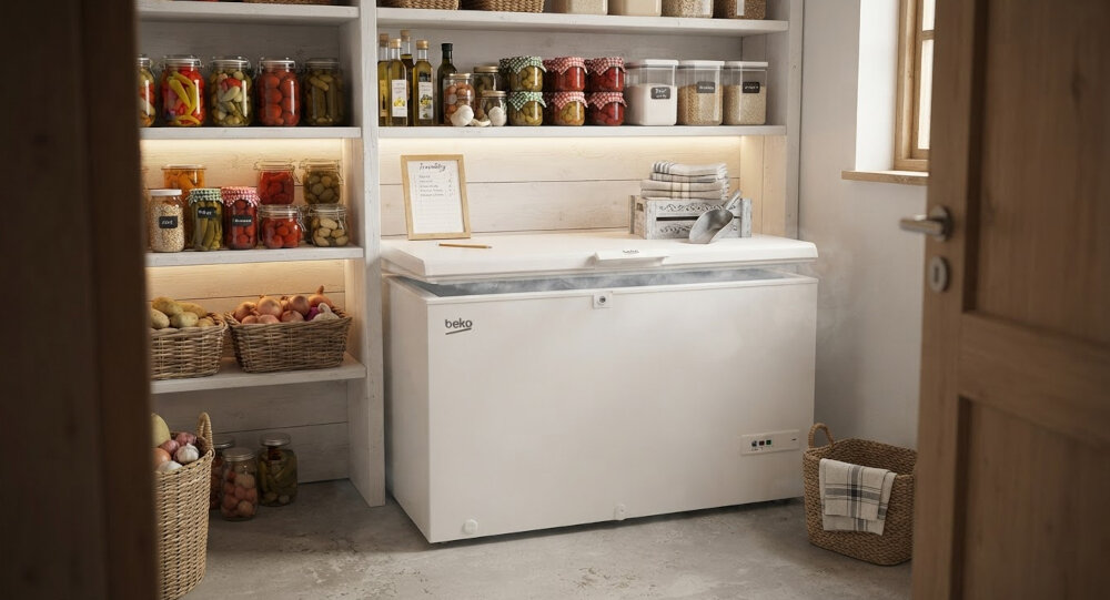 ZAMRAŻARKA BEKO PROFESSIONAL ACO 432EBP Otwarta zamrażarka skrzyniowa ustawiona w pomieszczeniu gospodarczym z miejscem na większe zapasy mrożonek