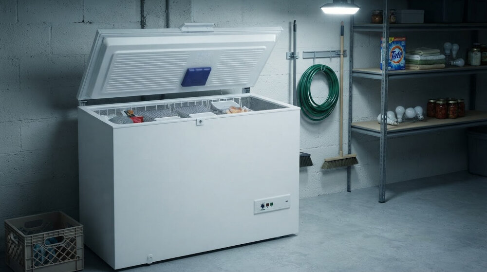 ZAMRAŻARKA BEKO PROFESSIONAL ACO 432EBP Otwarta zamrażarka skrzyniowa ustawiona w pomieszczeniu gospodarczym z miejscem na większe zapasy mrożonek 432 litrów 4 kosze 42 dB 247 kWh 20 kg/24h 35 godzin zamek LED