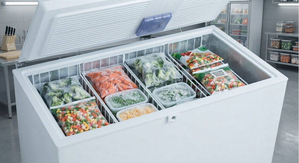 ZAMRAŻARKA BEKO PROFESSIONAL ACO 432EBP Otwarta zamrażarka skrzyniowa z uporządkowanymi koszami na mrożone warzywa i produkty spożywcze Fast Freezing szybkie mrożenie zachowanie świeżości ochrona wartości odżywczych smak żywności