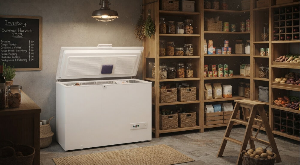 ZAMRAŻARKA BEKO PROFESSIONAL ACO 432EBP Zamrażarka skrzyniowa w domowej spiżarni otoczona regałami z przetworami i zapasami żywności pokrywa z przeciwwagą płynne zamykanie bezpieczne użytkowanie wygodny dostęp stabilna pokrywa