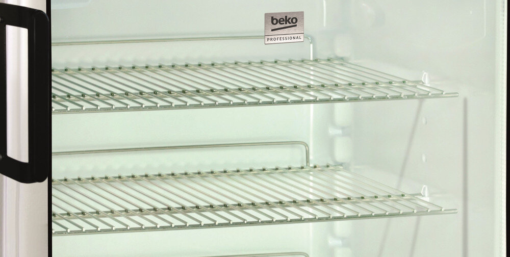 WITRYNA CHŁODNICZA BEKO PROFESSIONAL ADN 140W BP półki druciane widok wnętrza lodówka przemysłowa pojemność 130 l gastronomia handel półki druciane organizacja produktów oświetlenie LED kontrola zawartości stal nierdzewna higiena odporność zmiana kierunku drzwi elastyczność ustawienia równomierne chłodzenie sterowanie mechaniczne świeżość energooszczędna praca koszty eksploatacji