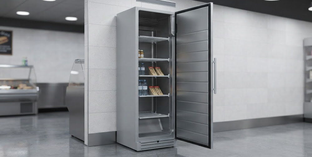 SZAFA CHŁODNICZA BEKO PROFESSIONAL Szafa chłodnicza w aranżacji wnętrza, wypełniona napojami i produktami spożywczymi
