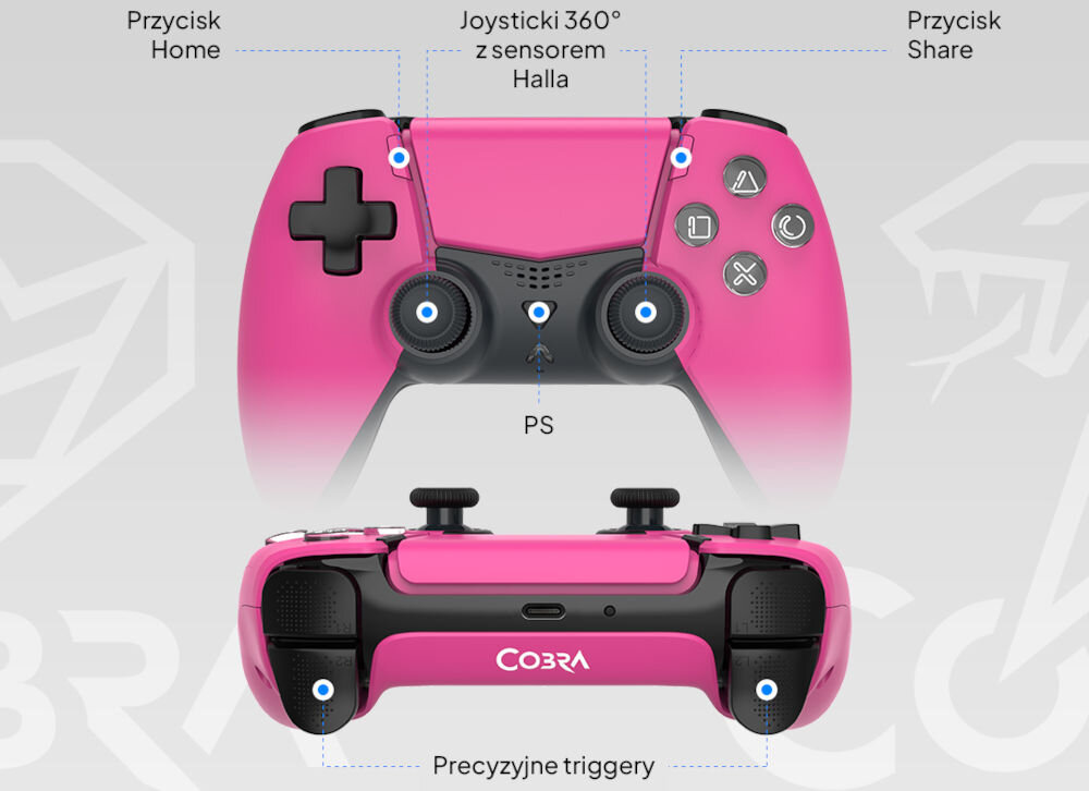 Kontroler COBRA QSP553PK Różowy prezentacja pada od przodu i od strony portu USB-C na szarym tle bezprzewodowy kontroler ergonomiczny kształt dokładne sterowanie czułe przyciski