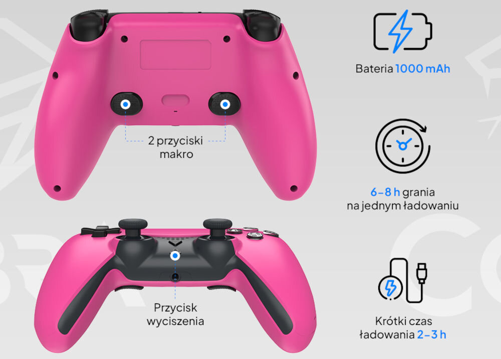 Kontroler COBRA QSP553PK Różowy prezentacja pada od tyłu i dołu połączenie bezprzewodowe przez Bluetooth 5.3 współpraca z konsolą PS5 PC oraz wybranymi urządzeniami z Androidem i iOS bateria litowo-jonowa do 8 godzin na jednym ładowaniu krótki czas ładowania 2-metrowy kabel USB-C/USB-A graj i ładuj jednocześnie swoboda wygoda