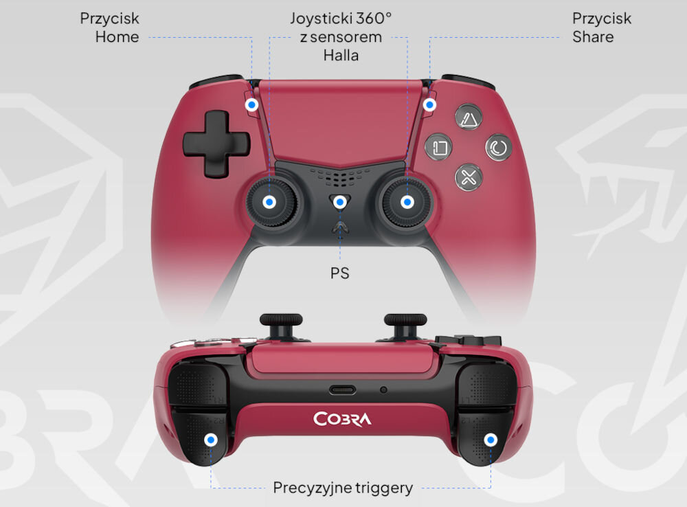 Kontroler COBRA QSP555RD Czerwony prezentacja pada od przodu i od strony portu USB-C na szarym tle bezprzewodowy kontroler ergonomiczny kształt dokładne sterowanie czułe przyciski