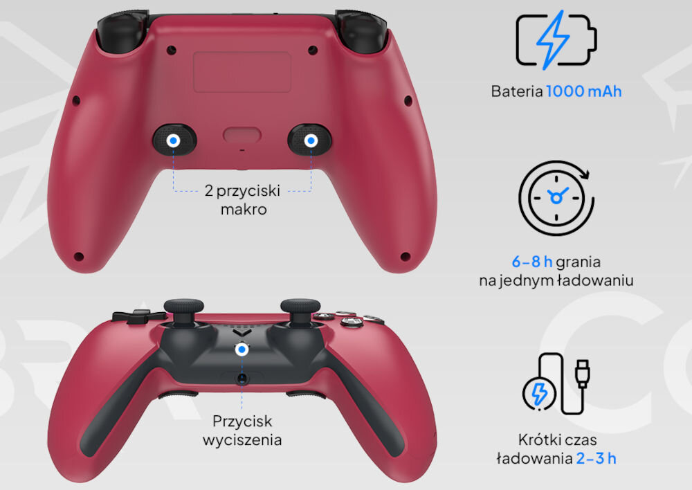 Kontroler COBRA QSP555RD Czerwony prezentacja pada od tyłu i dołu połączenie bezprzewodowe przez Bluetooth 5.3 współpraca z konsolą PS5 PC oraz wybranymi urządzeniami z Androidem i iOS bateria litowo-jonowa do 8 godzin na jednym ładowaniu krótki czas ładowania 2-metrowy kabel USB-C/USB-A graj i ładuj jednocześnie swoboda wygoda