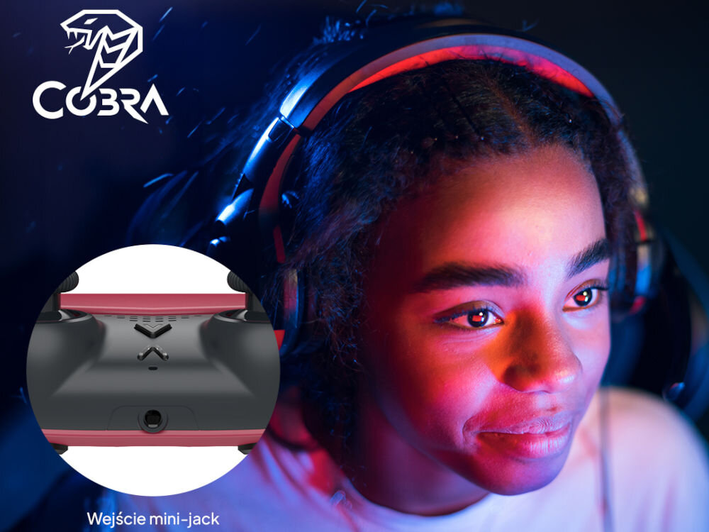 Kontroler COBRA QSP555RD Czerwony prezentacja wejścia mini-jack i dziewczyny siedzącej w słuchawkach światło led złącze 3,5 mm podłączenie słuchawek wygodne rozwiązanie