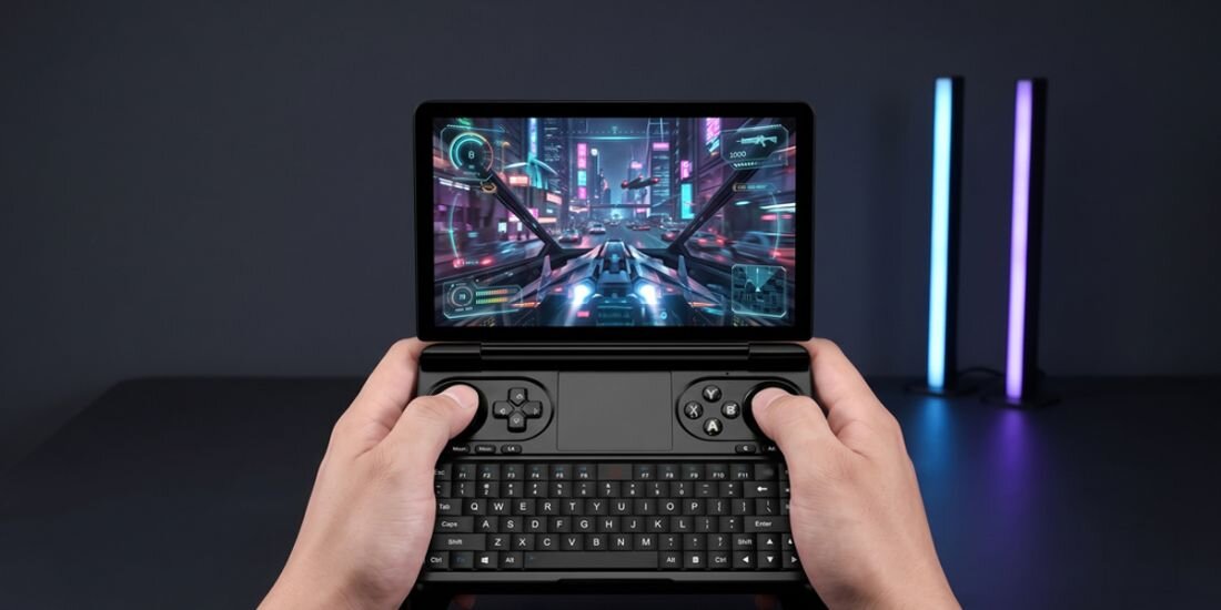 Osoba trzyma mały laptop z otwartym ekranem, na którym wyświetlana jest gra wideo. Urządzenie posiada klawiaturę i kontrolery do gier, a w tle widoczne są dwa pionowe, kolorowe światła.