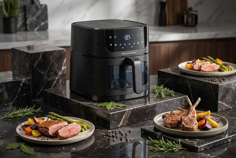Frytkownica beztłuszczowa GÖTZE & JENSEN AF610K z pojemnością 6 litrów i ekranem dotykowym Frytkownica beztłuszczowa Götze & Jensen AF610K na marmurowym blacie obok gotowych dań z pieczonego mięsa i szparagów.