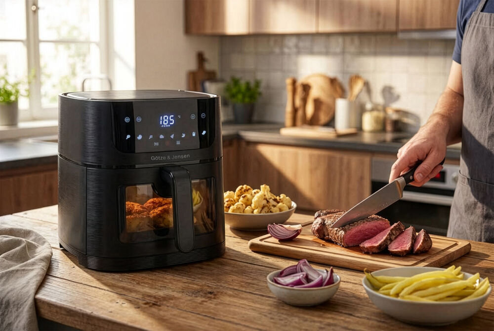 Frytkownica beztłuszczowa GÖTZE & JENSEN AF610K z pojemnym koszem 6 litrów ze stali nierdzewnej do rodzinnych posiłków Nowoczesny Air Fryer Götze & Jensen w kuchni obok osoby krojącej soczysty stek na drewnianej desce.