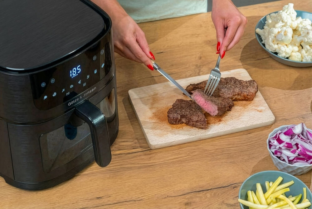 Frytkownica beztłuszczowa GÖTZE & JENSEN AF610K z dotykowym panelem LED i 8 automatycznymi programami Krojenie upieczonego we frytkownicy Götze & Jensen steka wołowego na desce, widoczny stopień wysmażenia i czarne urządzenie obok.