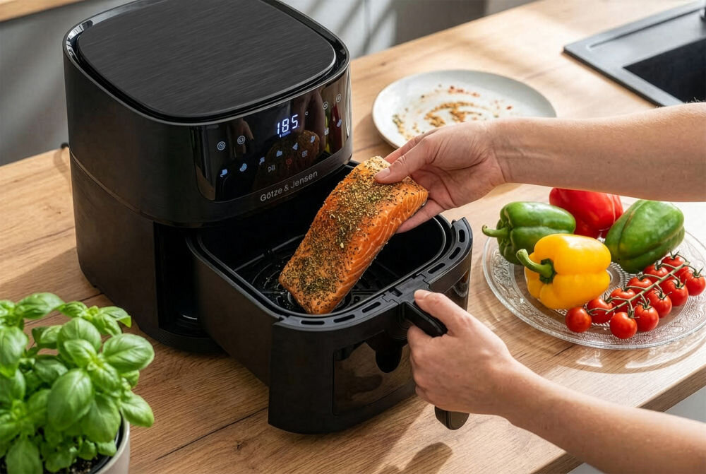 Frytkownica beztłuszczowa GÖTZE & JENSEN AF610K z koszem z nieprzywierającą powłoką łatwy w czyszczeniu Wkładanie świeżego fileta łososia w przyprawach do pojemnego kosza frytkownicy beztłuszczowej Götze & Jensen.