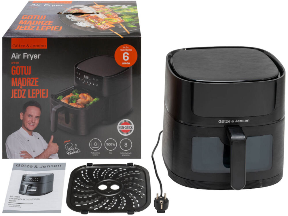 Frytkownica beztłuszczowa GÖTZE & JENSEN AF610K Zestaw frytkownicy beztłuszczowej Götze & Jensen: urządzenie, pudełko z napisem 6 litrów, instrukcja i wyjmowana kratka grilla.