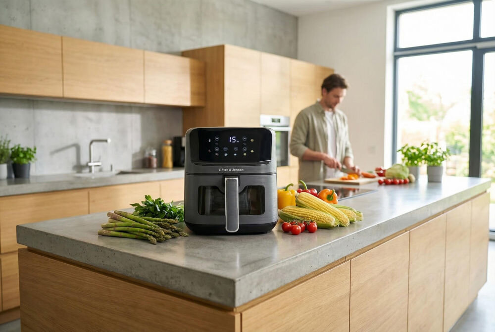 Air Fryer Frytkownica beztłuszczowa GÖTZE & JENSEN AF300T Czarna frytkownica beztłuszczowa Götze & Jensen na blacie w nowoczesnej kuchni obok świeżych warzyw: szparagów, pomidorów i kukurydzy.