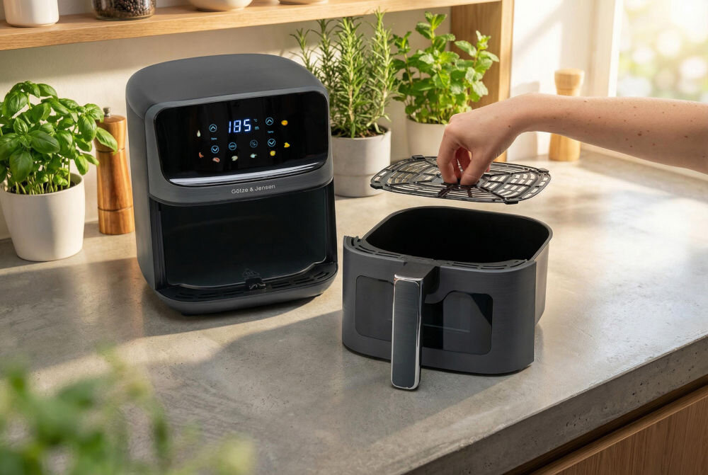 Air Fryer Frytkownica beztłuszczowa GÖTZE & JENSEN AF300T Prezentacja wyjmowania kratki grilla z szuflady frytkownicy beztłuszczowej Götze & Jensen stojącej na jasnym blacie.