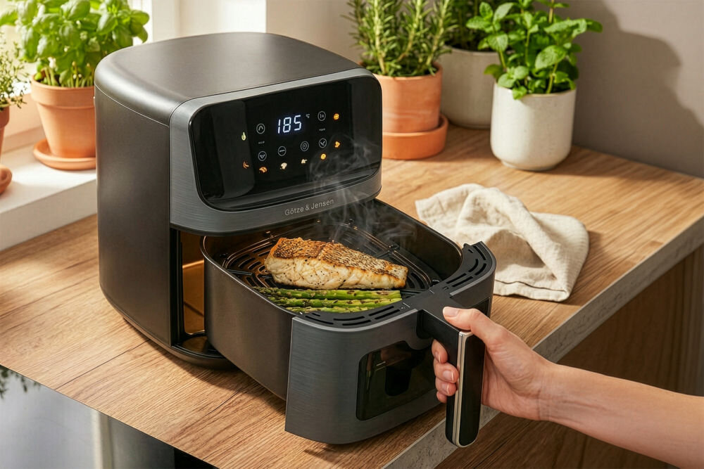 Air Fryer Frytkownica beztłuszczowa GÖTZE & JENSEN AF300T Pieczony filet z ryby i zielone szparagi wewnątrz wysuniętej szuflady frytkownicy beztłuszczowej Götze & Jensen.