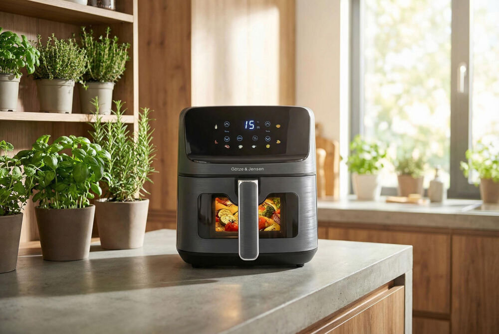 Air Fryer Frytkownica beztłuszczowa GÖTZE & JENSEN AF300T Frytkownica beztłuszczowa Götze & Jensen z okienkiem podglądowym, przez które widać piekące się kolorowe warzywa.