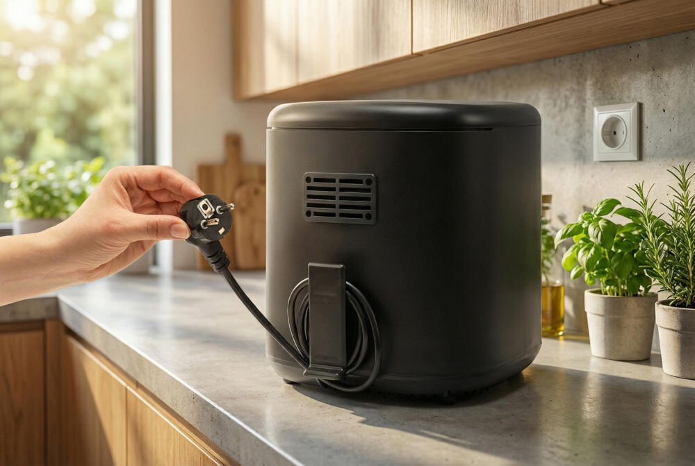 Air Fryer Frytkownica beztłuszczowa GÖTZE & JENSEN AF300T Tył obudowy frytkownicy Götze & Jensen z widocznym uchwytem na zwinięty kabel zasilający i otworem wentylacyjnym.