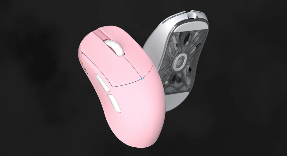 LAMZU Atlantis Mini Champion Edition LAMZU Atlantis Mini Champion Edition  niską wagę sensor polling rate przełączniki optyczne Omron Atlantis Mini chwyt claw grip - mysz na ciemnym tle