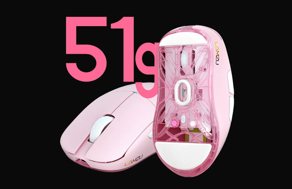 LAMZU Atlantis Mini Champion Edition wadze 51 g Maya X Lekka konstrukcja dynamicznych rozgrywkach - mysz na czarnym tle od prozdu i spodu pionowo, w tle napis 51g