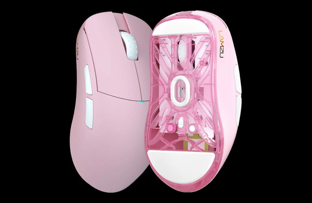 LAMZU Atlantis Mini Champion Edition baterię o pojemności 250 mAh bez konieczności częstego podłączania myszy do ładowania  - mysz pionowo od góry i spodu na czarnym tle