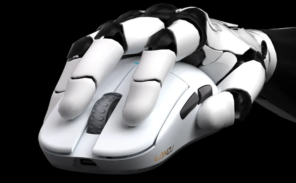 LAMZU Atlantis Mini Champion Edition graczach praworęcznych przycisków bocznych po lewej stronie obudowy dodatkowych funkcji - myszka pod modelem ręki na ciemnym tle