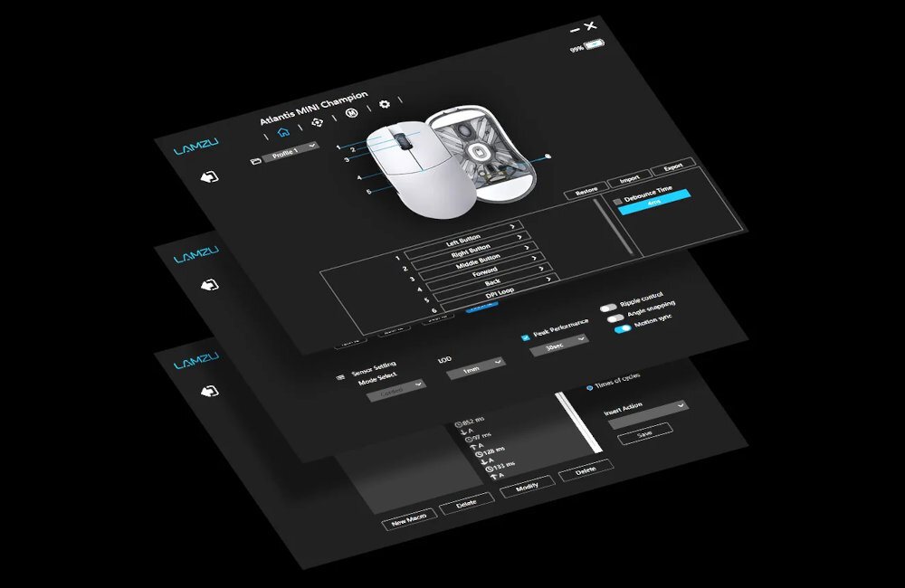 LAMZU Atlantis Mini Champion Edition dedykowanym oprogramowaniem LAMZU ustawić poziomy DPI, częstotliwość odświeżania (polling rate), mapować przyciski regulować parametry sensora - zrzut ekranu z oprogramowania
