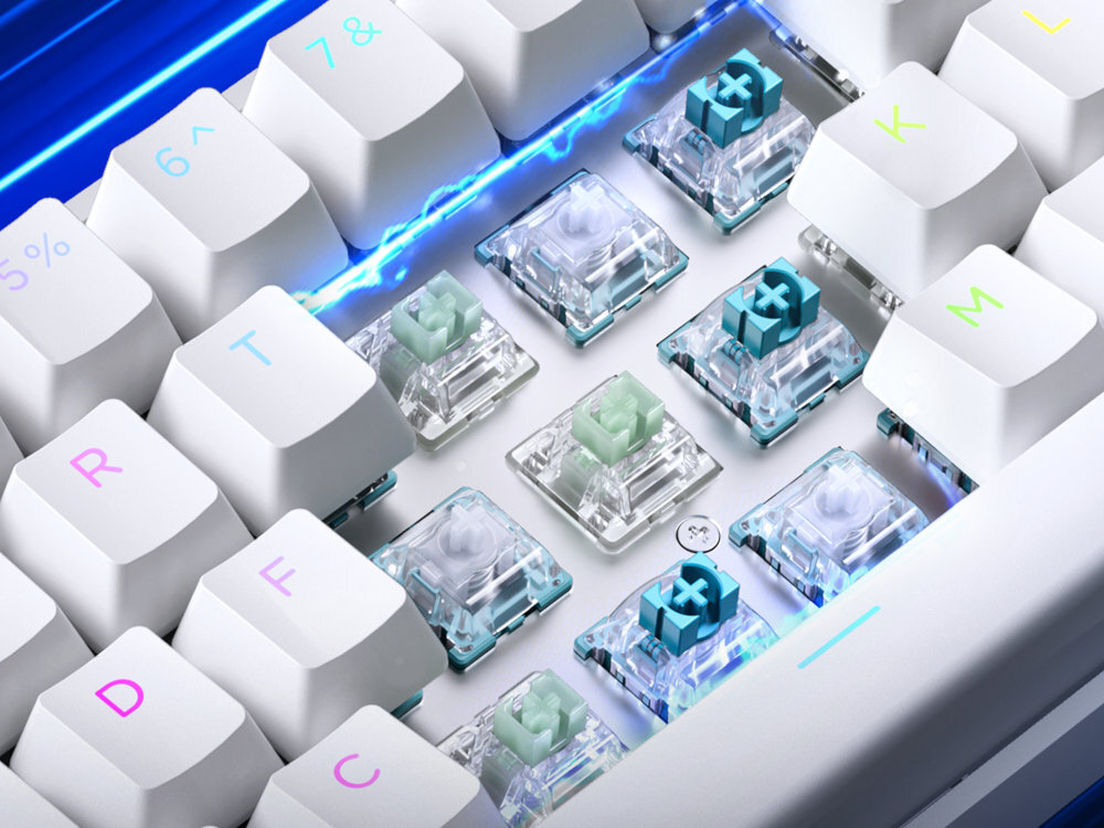 MCHOSE MC-ACE60 aluminiowej płycie pozycjonującej warstwom pianek wygłuszających olejoodporne keycapy PBT, konfigurowalne podświetlenie RGB obsługa przez sterownik MCHOSE Web Wbudowana pamięć rozbudowane opcje (Snap Tap, SOCD, MT, DKS) - przybliżenie na przełączniki