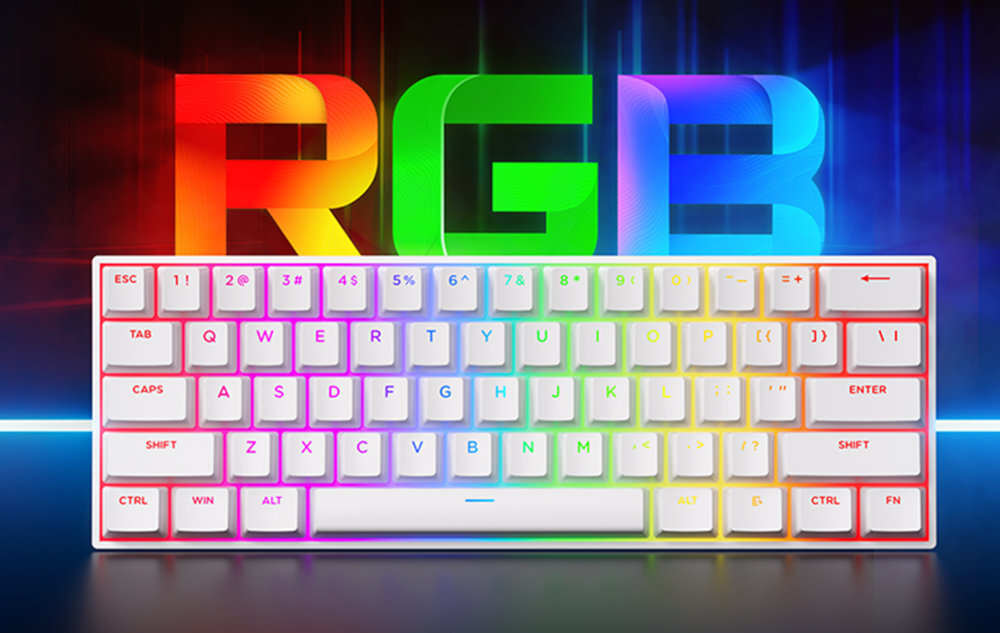 MCHOSE MC-ACE60 wielokolorowe podświetlenie RGB Kolorowe iluminacje ciemniejszym otoczeniu - klawiatura z podświetleniem na białym tle - klawiatura w kolorze białym z podświetleniem