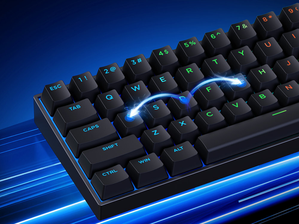 MCHOSE MC-ACE60 Anti-Ghosting N-Key Rollover każdy naciśnięty klawisz jest rejestrowany jednoczesnego wciśnięcia wielu przycisków - biała klawiatura na ciemnym tle obok myszka w kolorze białym - klawiatura i strzałki na kilku klawiszach