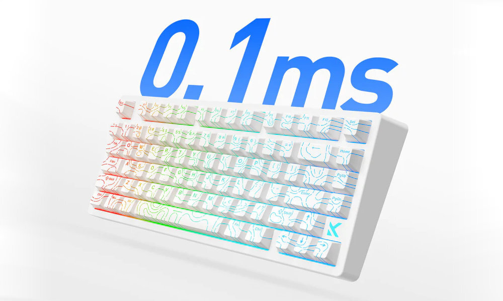 MCHOSE MC-JET75 klawiatura mechaniczna czas reakcji na poziomie 0,1 ms detekcję ruchu klawisza z dokładnością 0,01 mm topograficzny wzór - klawiatura na białym tle z niebieskim napisem 0.1 ms