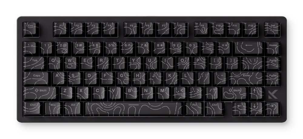 MCHOSE MC-JET75 płyta aluminiowa silikonowe tłumienie Wbudowana pamięć webowy sterownik MCHOSE zarządzanie makrami, podświetleniem oraz przypisaniami klawiszy Snap Tap, SOCD, DKS czy MT - czarna klawiatura na białym tle