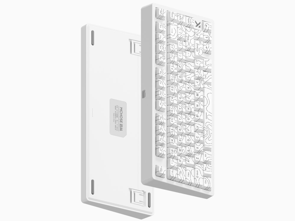 MCHOSE MC-JET75 Solidna konstrukcja odporność 322 x 136,9 x 40,7 mm 1030 g - klawiatura w jasnym kolorze, obok mysz i słuchawki - klawiatura na stanowisku gamingowym - klawiatura na jasnym tle pionowo