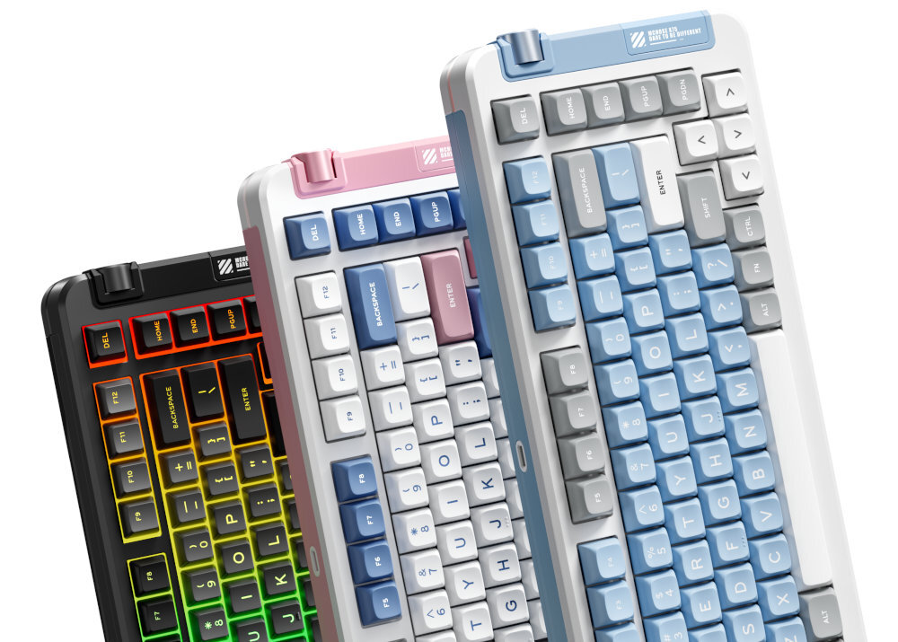 MCHOSE X75 bezprzewodowa klawiatura mechaniczna liniowe przełączniki Hyacinth keycapy PBT Double-Shot Gasket Mount podświetlenie RGB boczną listwą LED potrójnemu trybowi łączności pojemnej baterii - trzy wersje kolorystyczne na białym tle