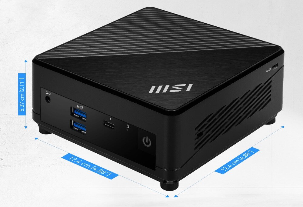 Komputer MSI Cubi 5 12M-478EU Komputer z naniesionymi wymiarami obudowy wynoszącymi 12,4 centymetra szerokości i głębokości oraz 5,37 centymetra wysokości