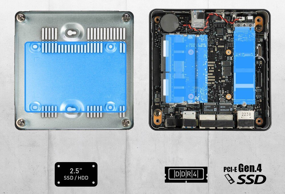 Komputer MSI Cubi 5 12M-478EU Widok rozłożonego urządzenia ukazujący płytę główną oraz element montażowy dla dysku 2,5 cala
